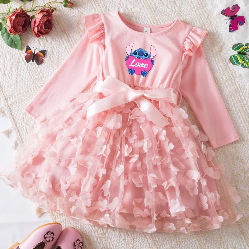 Color: Beige, Size: One Size, Height: 170 - Lilo Stitch Girl Baby Dresses Spring Autumn Child Long Sleeve Sweet Princess Dress Mesh Newborn Casual Dress Birthday Party 2-6Y
