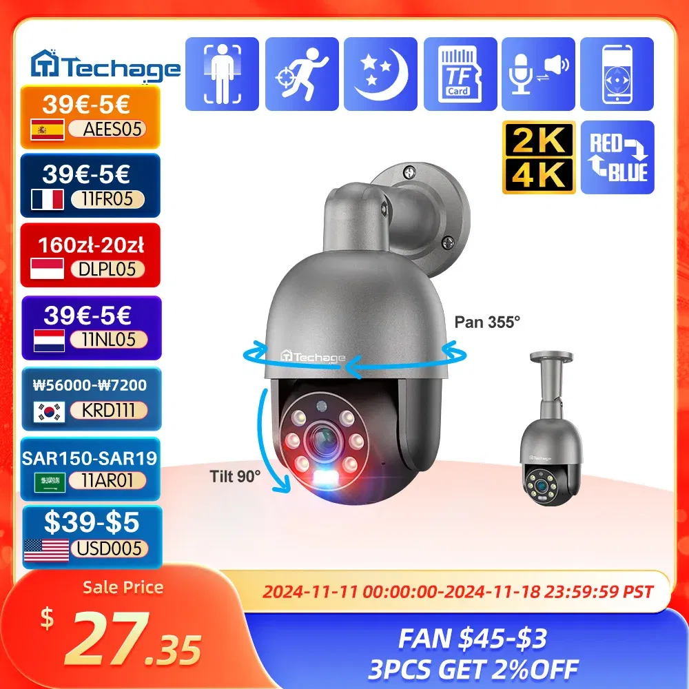Sensor Size: 1/2'', Focus: 3.6mm, Ships From: CHINA - Techage 5MP 8MP PoE PTZ IP Camera Outdoor Waterproof 2 Way Audio Camera AI Human Detection Security Camera Xmeye for NVR System