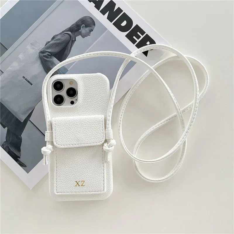 Color: Beige, Material: PE - Personalized Gold Silver Letters Leather PU Card Holder Lanyard Hard Case For iPhone 14 13 12 11 15 Pro Max XS XR 16  Plus Cover