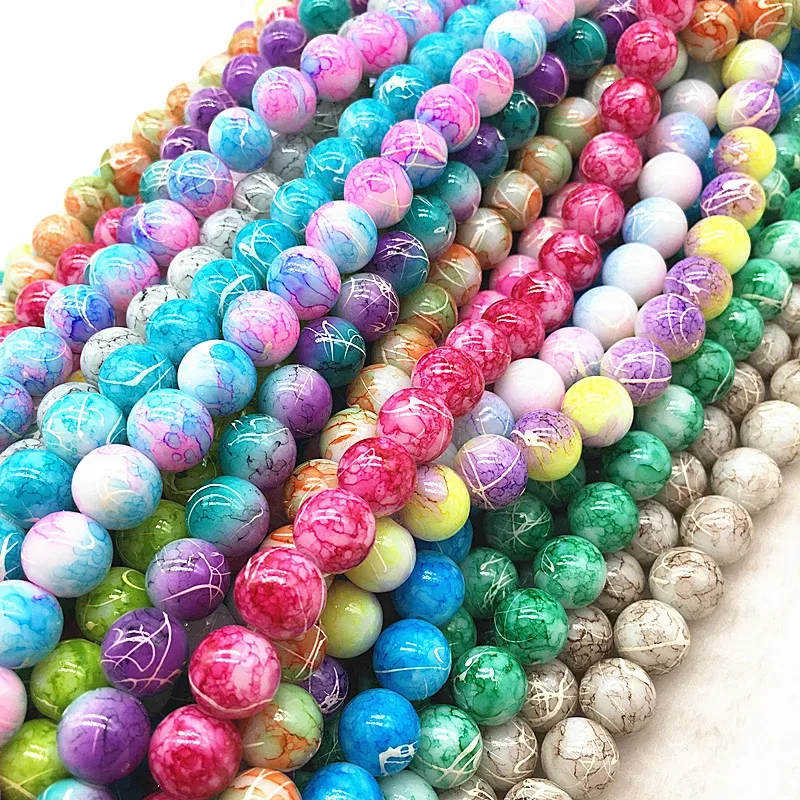 Color: champagne, Item Diameter: 6mm - Wholesale 4/6/8/10mm Glass Beads Round Loose Spacer Beads Pattern For Jewelry Making DIY Bracelet Necklace