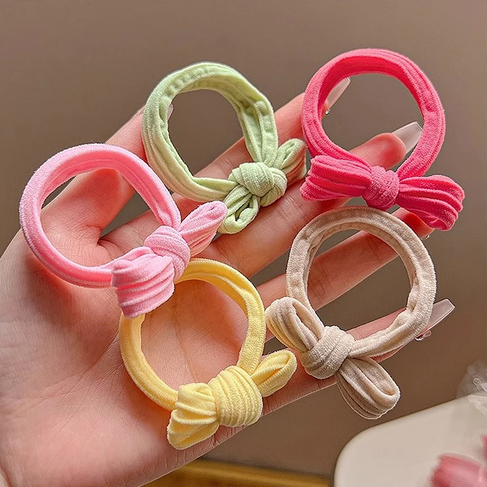 Color: Silver - 5pcs/Set Candy Color Bow Hair Rope High Elastic Seamless Rubber Band For Women Girls Ponytail Holder Summer BB Hair Ties Ring