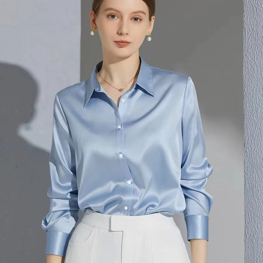 Color: Coffee, Size: M - All-match Satin Finish Shirts And Blouses Women Clothing Casual Top OL Long Sleeve Button Elegant Shirts French Solid Blouses
