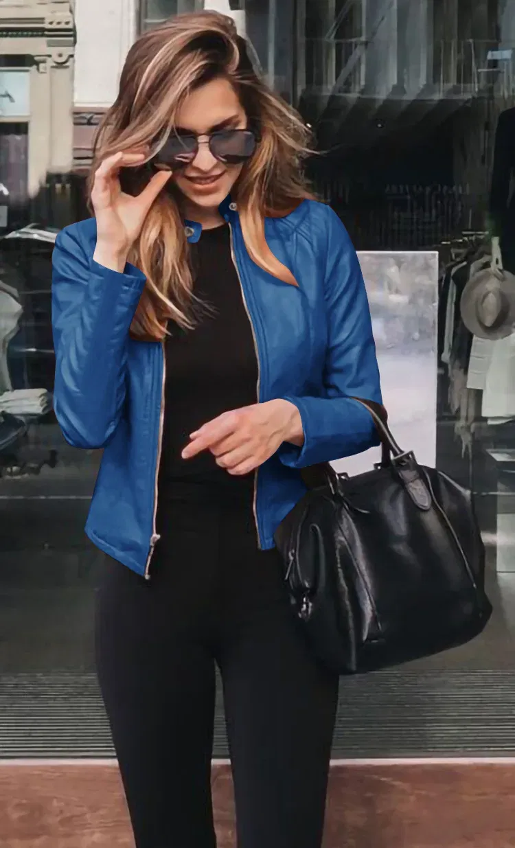 Color: Blue, Size: M - Womens Spring Full Long Sleeve Jacket Coat Autumn Leather Blazer Winter Zipper Outwear Suit Cardigan Female  Jackets
