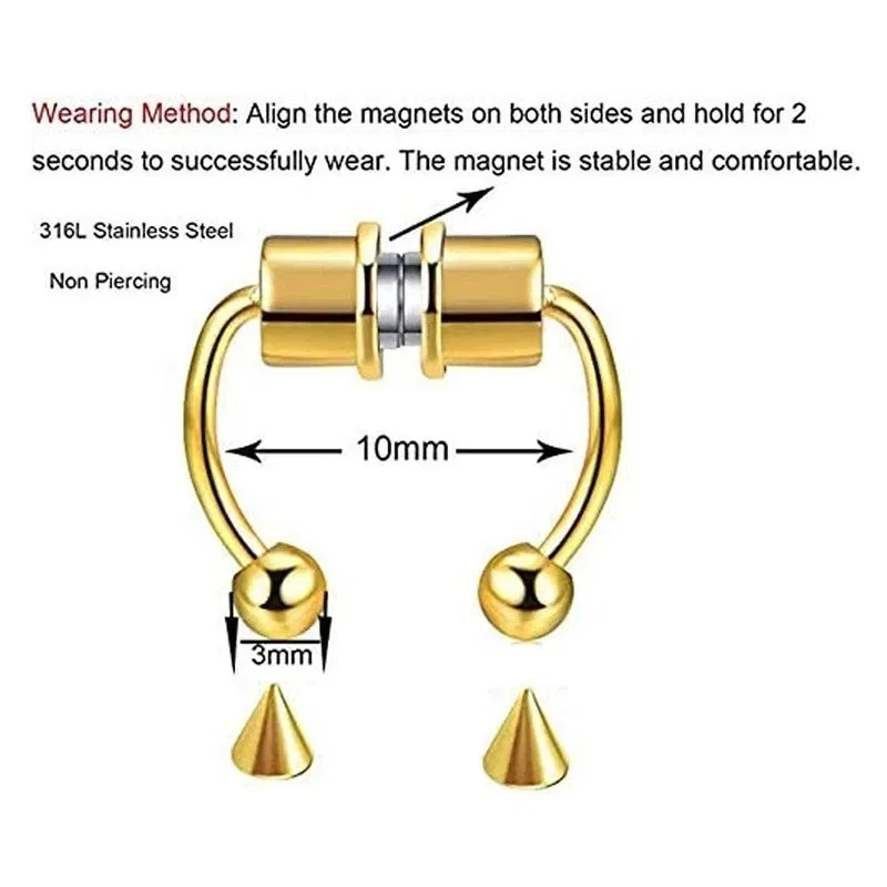 Metal color: Antique Silver Plated - Women Fake Piercing Nose Ring Hoop Septum Non Piercing Nose Clip Rock HipHoop Stainless Steel Magnet Fashion Punk Body Jewelry