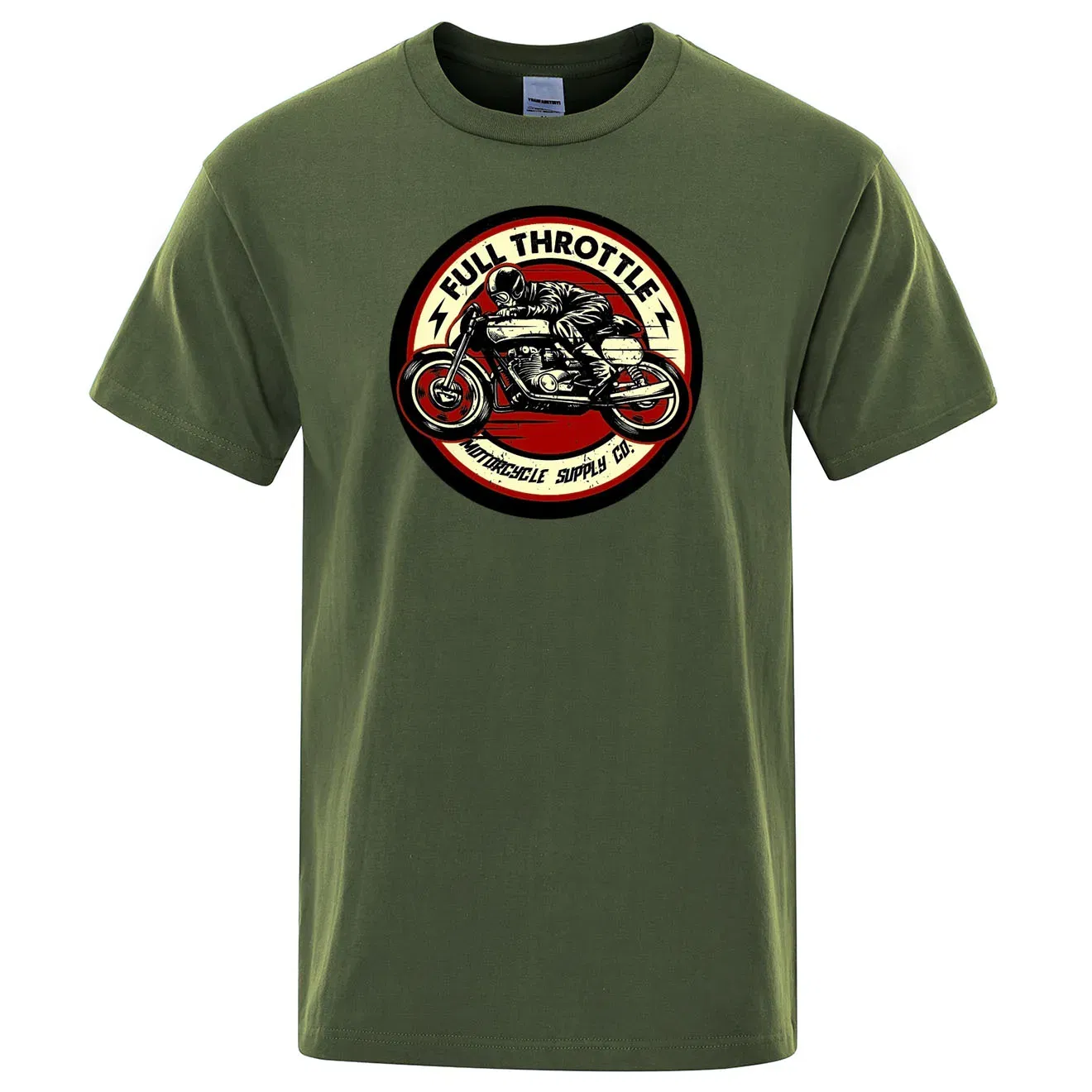 Color: army green, Size: XXXL - Full Throttle Cafe Racer Rockabilly Biker Printed T-Shirt Men Fashion Casual Short Sleeve Loose Cotton Tshirt Summer Loose Tees