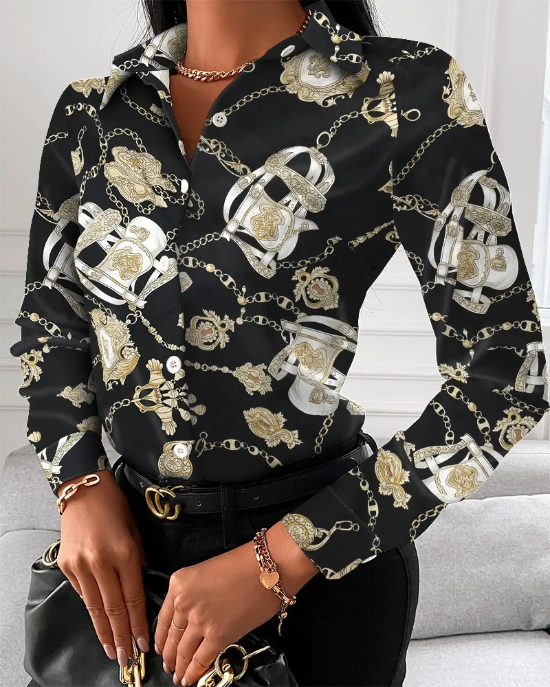 Color: green, Size: L - Women Fashion Wild Shirts Chain/Floral/Letter/Geometric Square Print Turn-Down Collar Long Sleeve Blouses