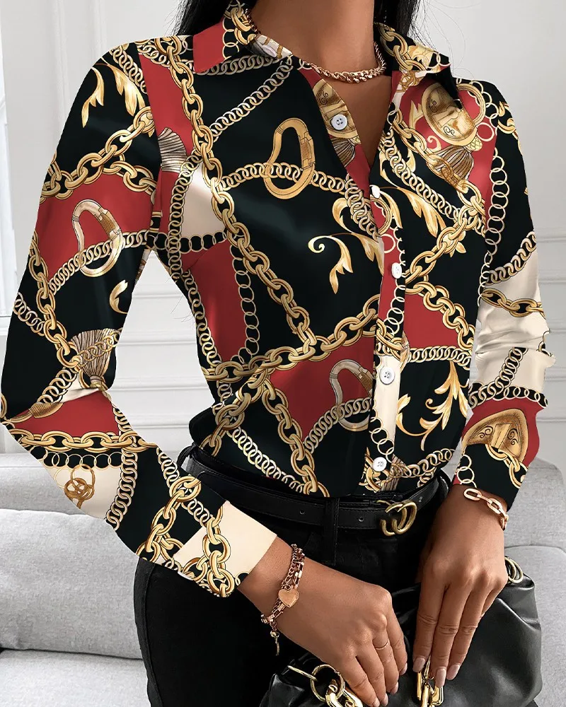 Color: green, Size: L - Women Fashion Wild Shirts Chain/Floral/Letter/Geometric Square Print Turn-Down Collar Long Sleeve Blouses