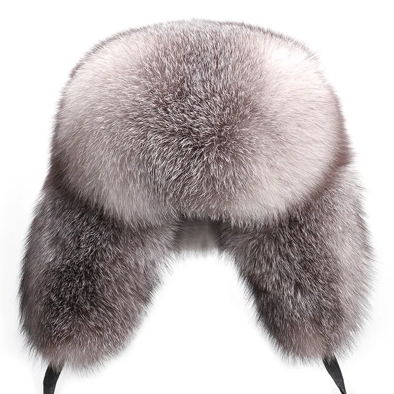 Color: Yellow, Hat Size: 54 - 2025 Winter 100% Real Silver Fox Fur Bomber Hat Raccoon Fur Ushanka Cap Trapper Russian Men's Ski Hats Caps
