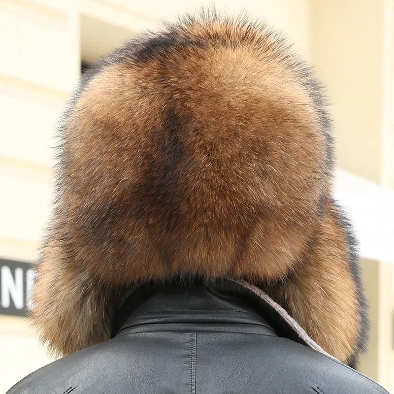 Color: Yellow, Hat Size: 54 - 2025 Winter 100% Real Silver Fox Fur Bomber Hat Raccoon Fur Ushanka Cap Trapper Russian Men's Ski Hats Caps