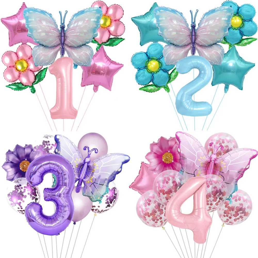 Color: Gold - Butterfly Balloon Set 32/40inch Number Balloon Princess Garden Decoration Girl Fairy Birthday Party Balloon