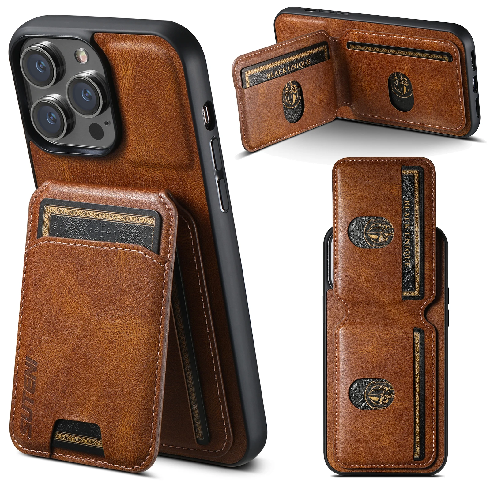 Color: Black, Material: ABS - SUTENI Card Holder Leather Magnetic Pocket Cover Wallet Phone Case For iPhone X XS XR 11 12 13 14 15 Pro Max Plus