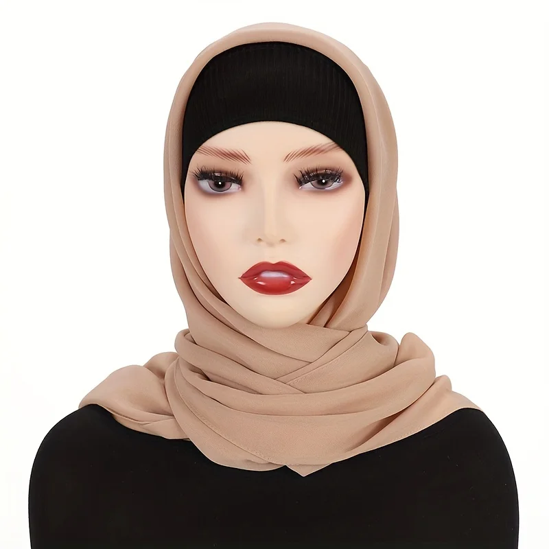 Color: WHITE, Size: One Size - 110*110cm Chiffon Square Hijabs Scarf For Woman Muslim Turban Hat Islam Headscarf Women Plain Veil Jersey Hijabs Ramadan
