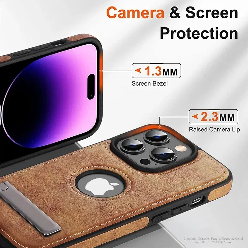 Color: Beige, Material: Microfiber - PU Leather Kickstand Phone Cases for iPhone 15 Pro Max 14 Plus 11 13 12 Mini Mobile Case with Holder Luxury Slim Shell Cover