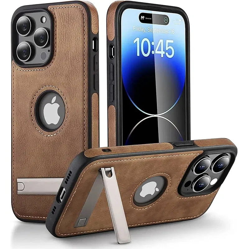 Color: Beige, Material: Microfiber - PU Leather Kickstand Phone Cases for iPhone 15 Pro Max 14 Plus 11 13 12 Mini Mobile Case with Holder Luxury Slim Shell Cover