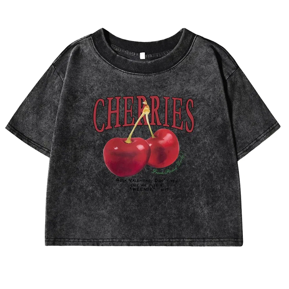 Color: army green, Size: XXL - Red Cherries Letter Printed Female T-shirt Fashion Summer Washed Clothing Casual Cotton Crop Top Retro Tee Shirts For Women