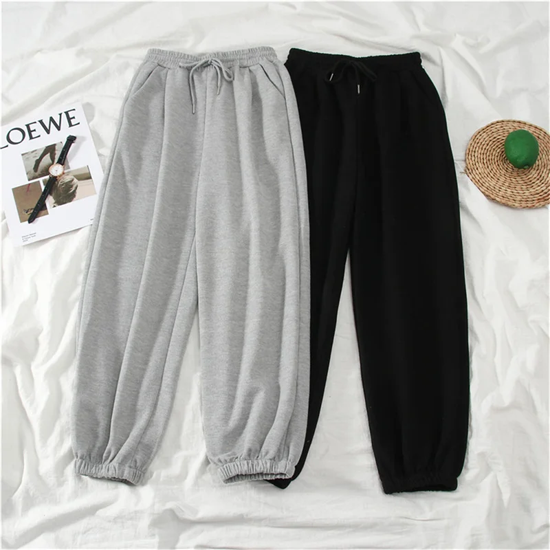 Color: black, Size: S - Gray women Sweatpants Autumn New Baggy Fashion Oversize Sports Pants Black winter thick Joggers Streetwear Trousers