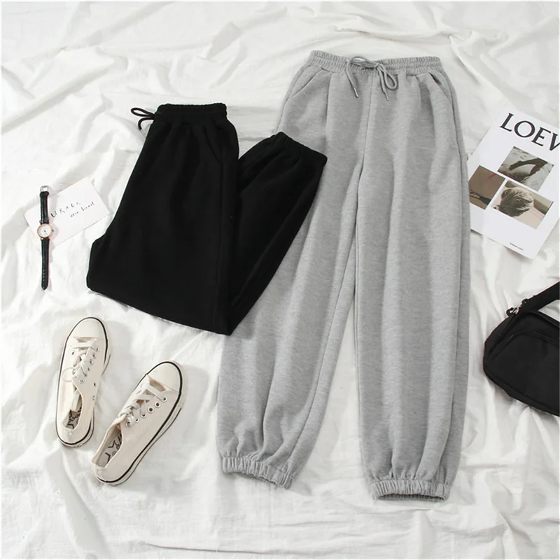 Color: black, Size: S - Gray women Sweatpants Autumn New Baggy Fashion Oversize Sports Pants Black winter thick Joggers Streetwear Trousers