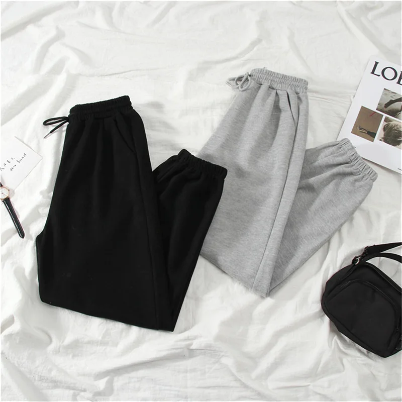 Color: black, Size: S - Gray women Sweatpants Autumn New Baggy Fashion Oversize Sports Pants Black winter thick Joggers Streetwear Trousers