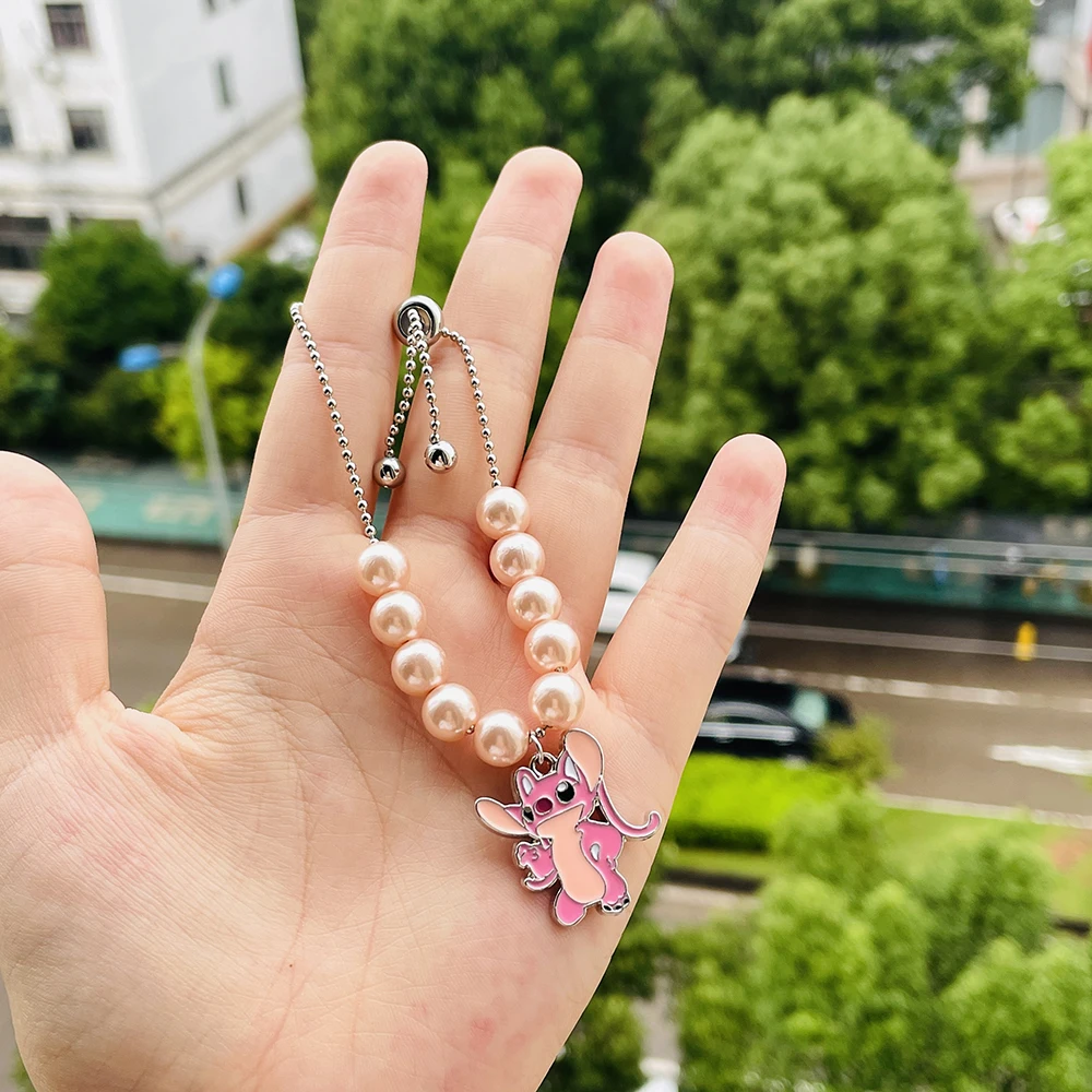 Metal Color: REDDISH BROWN, Ships From: CHINA - Disney Stitch Jewelry Cartoon Film Lilo & Stitch Pearl Bracelet for Women Cute Stitch Luxurious Charms Bangle for Girl Gifts