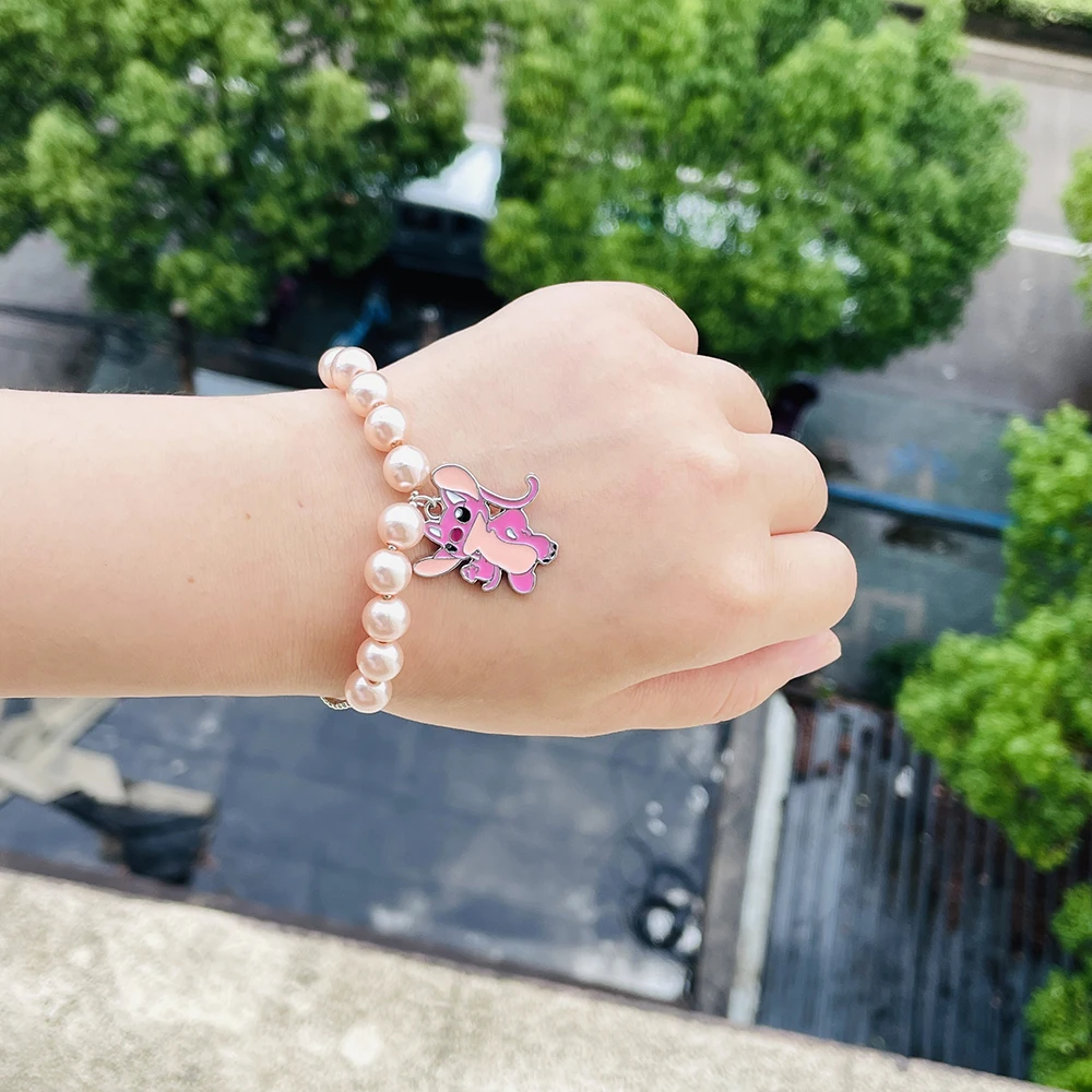 Metal Color: REDDISH BROWN, Ships From: CHINA - Disney Stitch Jewelry Cartoon Film Lilo & Stitch Pearl Bracelet for Women Cute Stitch Luxurious Charms Bangle for Girl Gifts