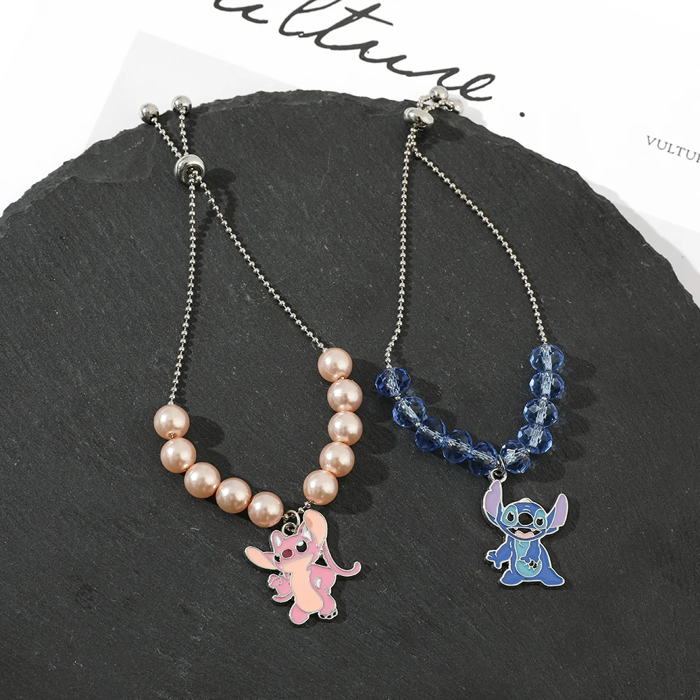 Metal Color: REDDISH BROWN, Ships From: CHINA - Disney Stitch Jewelry Cartoon Film Lilo & Stitch Pearl Bracelet for Women Cute Stitch Luxurious Charms Bangle for Girl Gifts