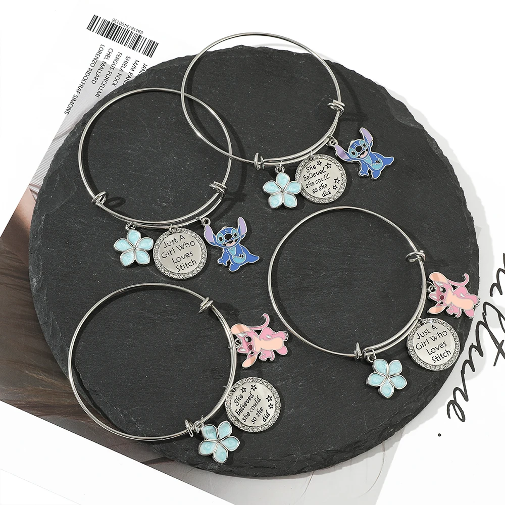 Metal Color: REDDISH BROWN, Ships From: CHINA - Disney Stitch Jewelry Cartoon Film Lilo & Stitch Pearl Bracelet for Women Cute Stitch Luxurious Charms Bangle for Girl Gifts