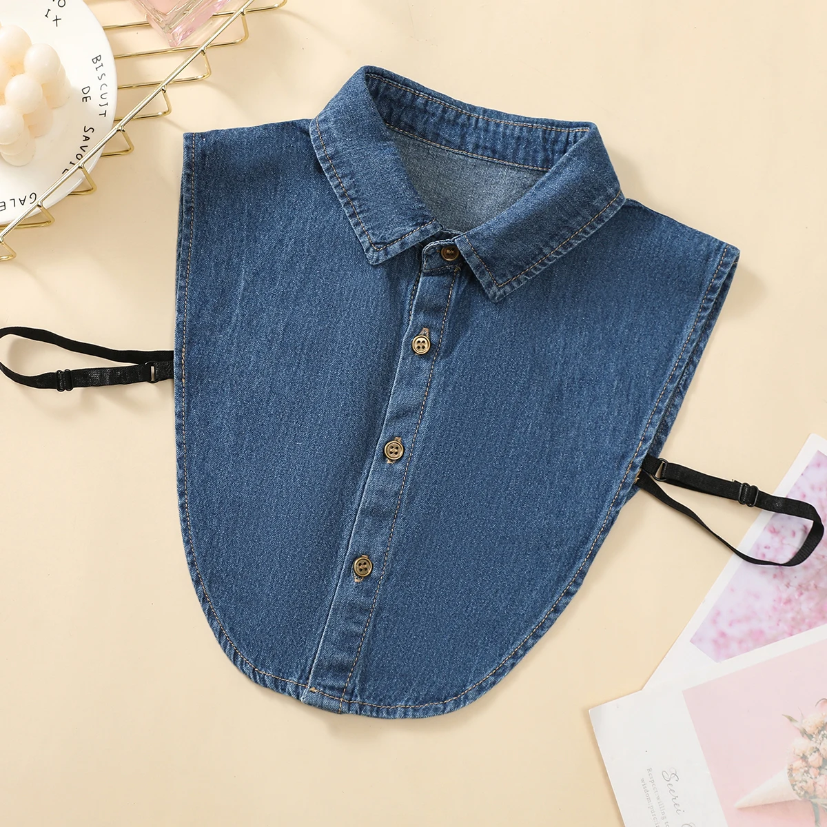 Color: Blue - Women's Blue Washed Denim Pointed Collar Fake Collar, Professional Casual Versatile Decoration Half Shirt Style Collar
