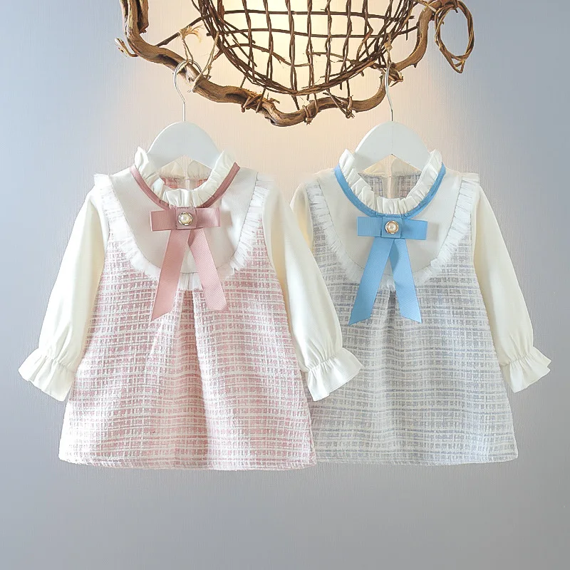 Color: Pink, Kid Size: 9M - Spring and Autumn New Baby Girl Long Sleeve Dress Fake Two Small Checkered Children's Clothes (0-3 Years Old)