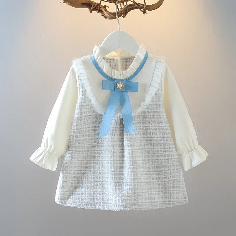 Color: Pink, Kid Size: 9M - Spring and Autumn New Baby Girl Long Sleeve Dress Fake Two Small Checkered Children's Clothes (0-3 Years Old)