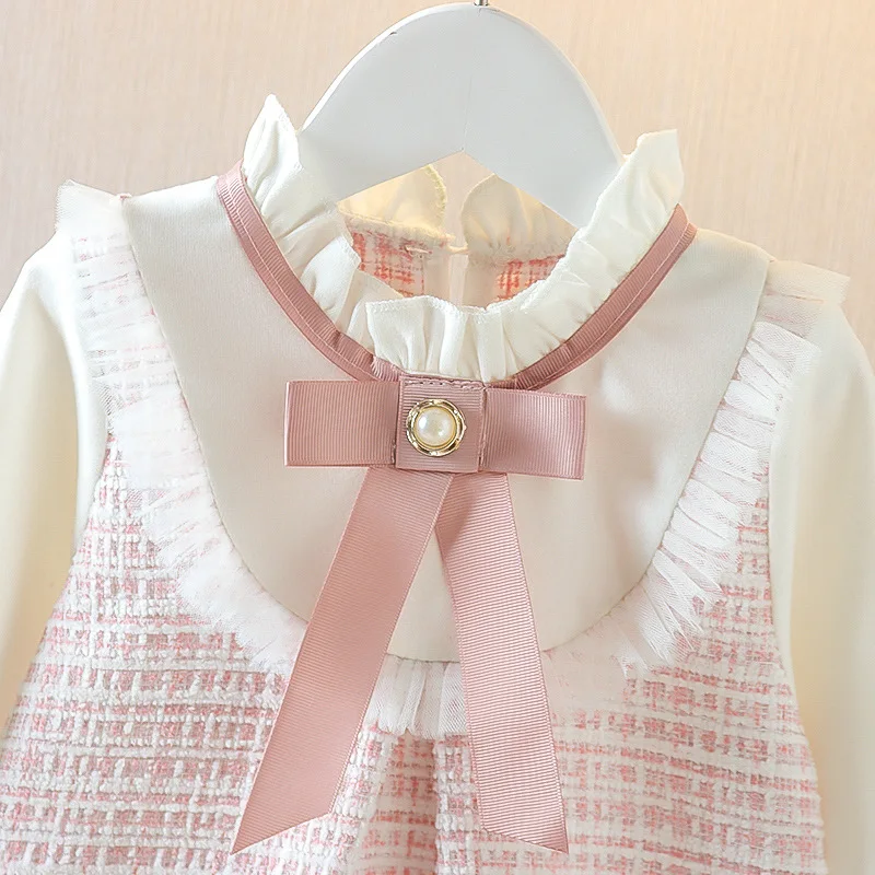 Color: Pink, Kid Size: 9M - Spring and Autumn New Baby Girl Long Sleeve Dress Fake Two Small Checkered Children's Clothes (0-3 Years Old)