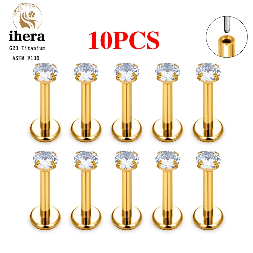 Metal color: Light Yellow Color, Ships From: CHINA, Main Stone Color: Multicolour - 10PCS G23 Titanium Lip Ring Labret Piercing Stud Earring CZ 16/18/20G Push Pin Ear Tragus Cartilage Helix Conch Pierc? Jewelry