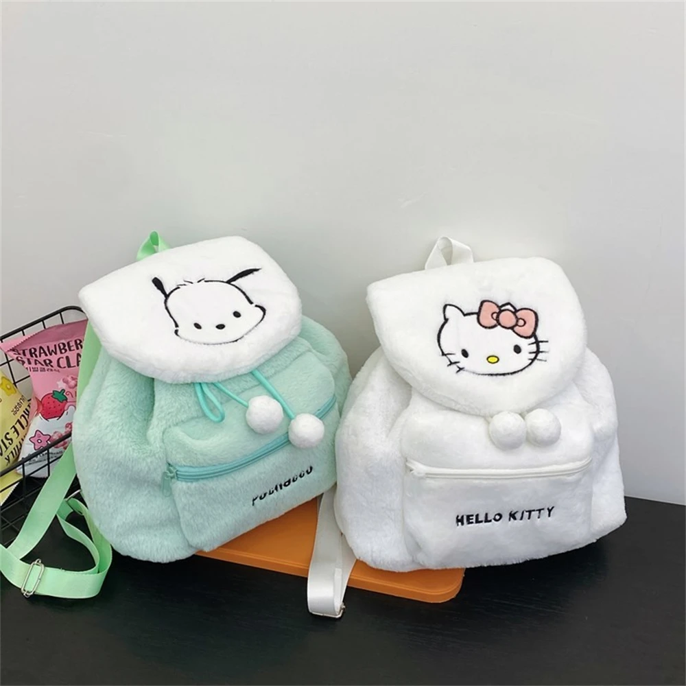 Color: WHITE - Sanrio Kuromi Melody Cartoon Cute Puppy Plush Flip Backpack Women's Casual Large Capacity Cute kawaii Cartoon School Bag Mochila