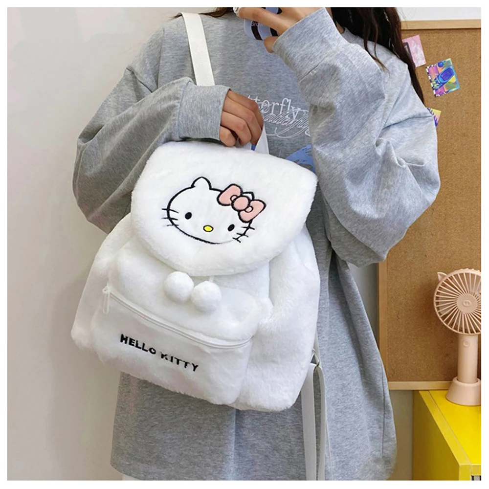 Color: WHITE - Sanrio Kuromi Melody Cartoon Cute Puppy Plush Flip Backpack Women's Casual Large Capacity Cute kawaii Cartoon School Bag Mochila