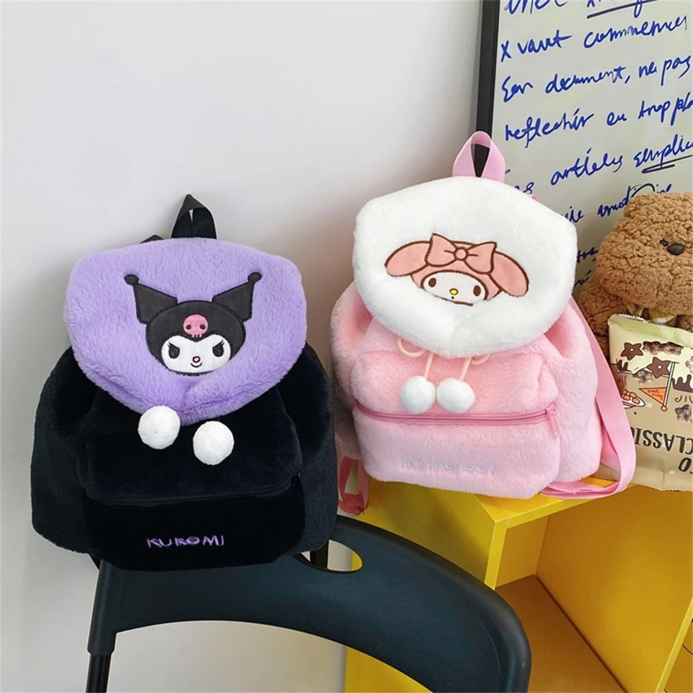 Color: WHITE - Sanrio Kuromi Melody Cartoon Cute Puppy Plush Flip Backpack Women's Casual Large Capacity Cute kawaii Cartoon School Bag Mochila