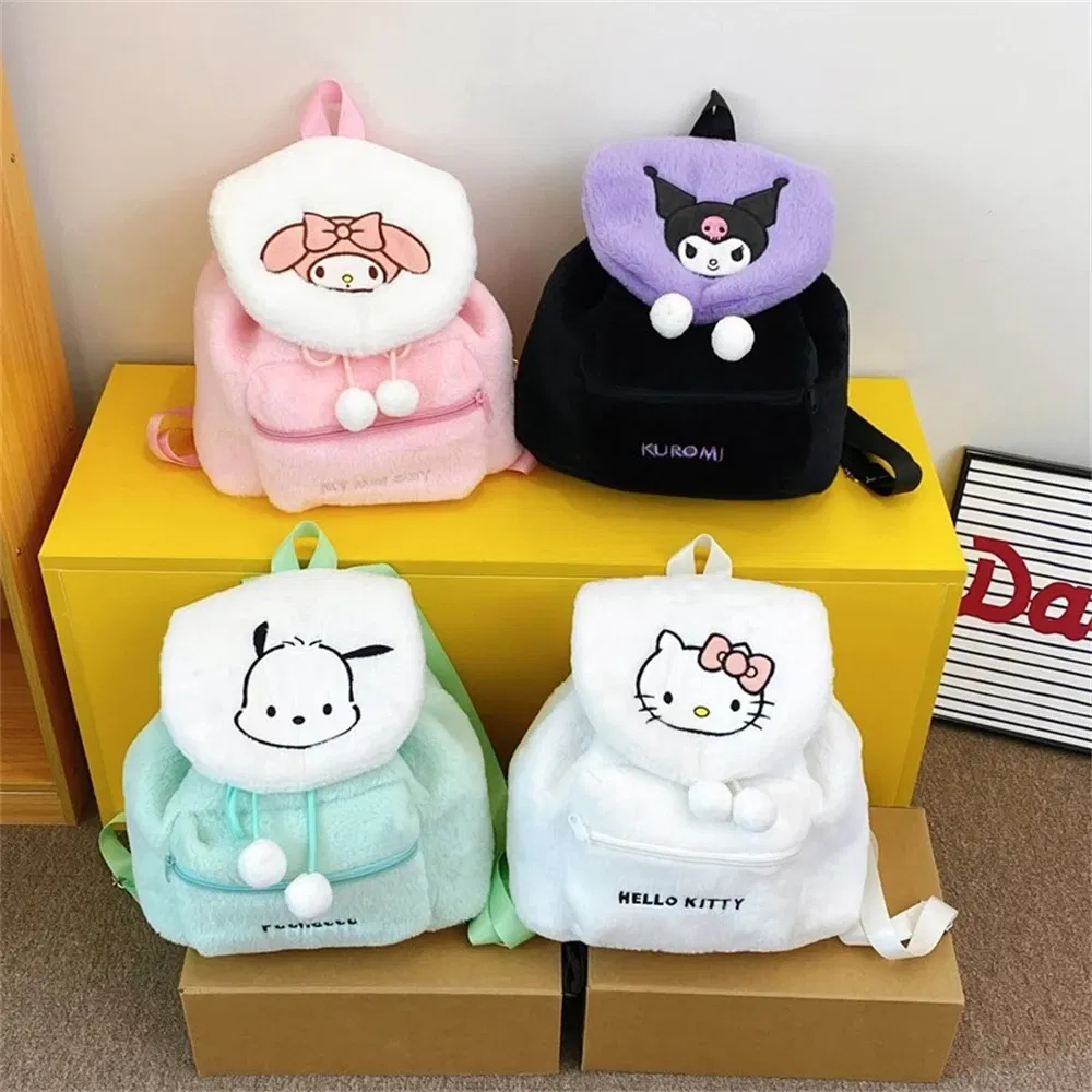 Color: WHITE - Sanrio Kuromi Melody Cartoon Cute Puppy Plush Flip Backpack Women's Casual Large Capacity Cute kawaii Cartoon School Bag Mochila