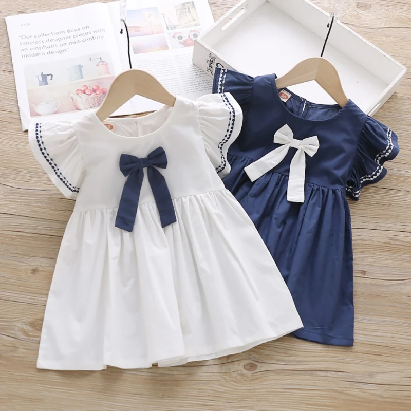 Color: WHITE, Kid Size: 3T - Summer Baby Girl Princess Dress Casual Fashion Baby Girl Flying Sleeve Bow-knot Princess Dress Kids Clothing For 1-6 Years Old