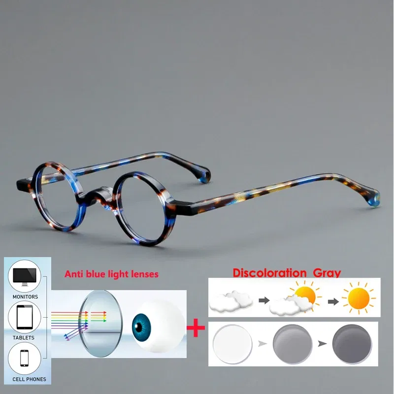Frame Color: Bright Yellow, Eye Prescription: +500 - VCKA Photochromic Acetate Myopia Glasses Men Retro Small Round Frames Women Custom prescription Anti-Blue  Eyewear -0.5 TO -10
