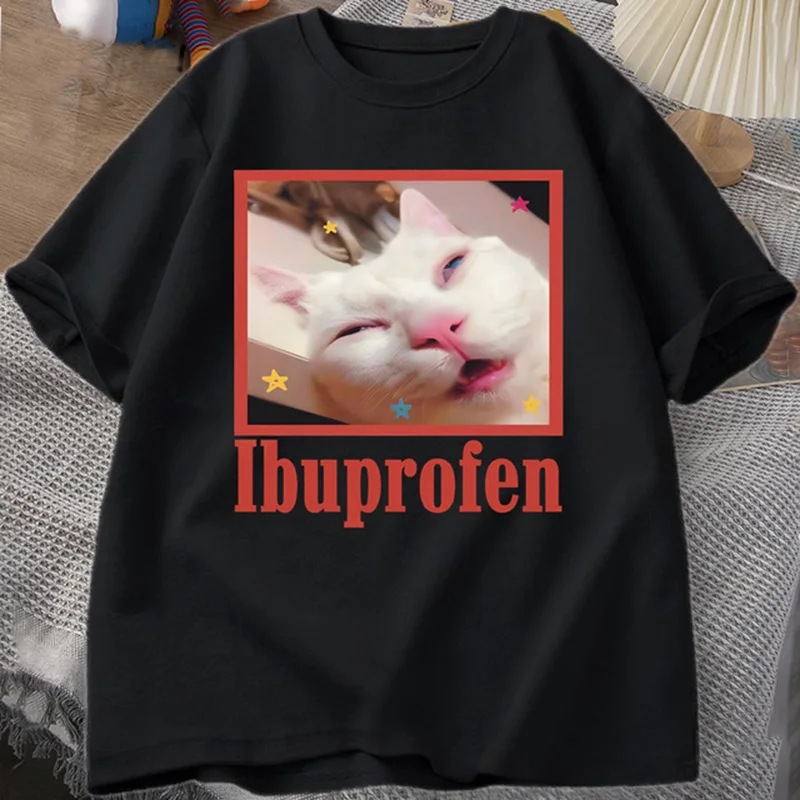 Color: Red, Size: M - Ibuprofen Cat Meme Tshirt Funny Cat Graphic Tee Cute Cat Lover Cotton T-Shirt Casual Funny T Shirts Unisex Oversized Tshirt Tee