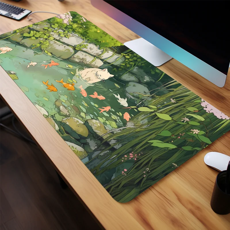 Size: 90x40 cm - Cute Cartoon Cat Fish Mouse Pad Green Large Computer Keyboard Pad Natural Rubber Anti-Slip Pad Perfect Gift for Girlfriend Women
