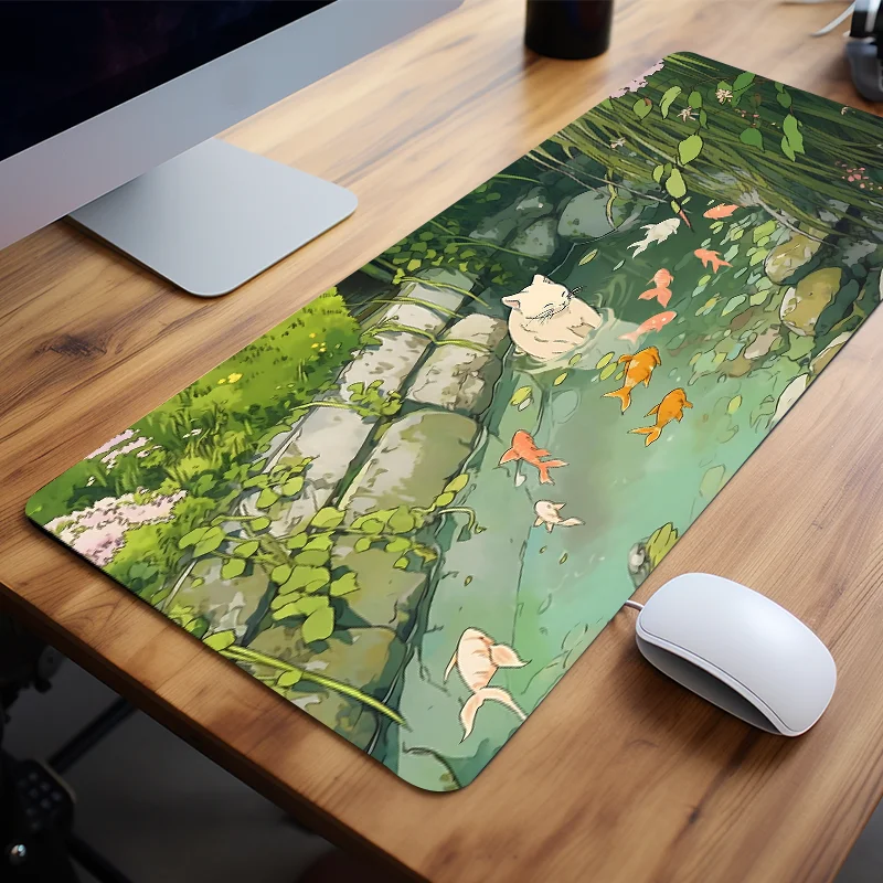 Size: 90x40 cm - Cute Cartoon Cat Fish Mouse Pad Green Large Computer Keyboard Pad Natural Rubber Anti-Slip Pad Perfect Gift for Girlfriend Women