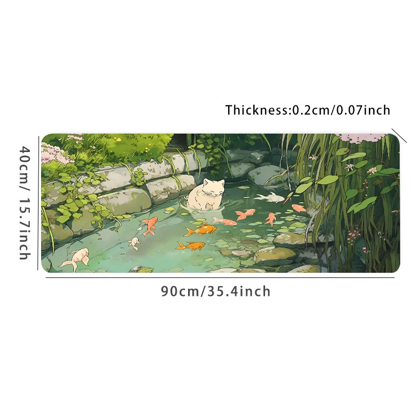 Size: 90x40 cm - Cute Cartoon Cat Fish Mouse Pad Green Large Computer Keyboard Pad Natural Rubber Anti-Slip Pad Perfect Gift for Girlfriend Women