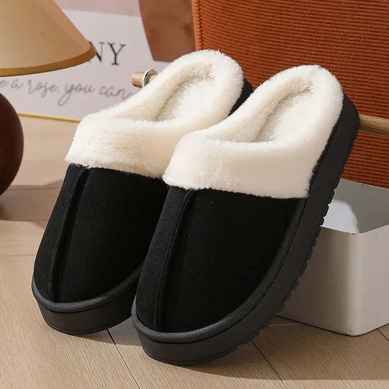Color: Straw, Shoe Size: 44-45, Ships From: CHINA - Asgard Plush Women Slippers Thick Sole Non-slip Outdoor Fuzzy Slides Winter New Fur Collar Cotton Shoes Winter Warm Home Slipper