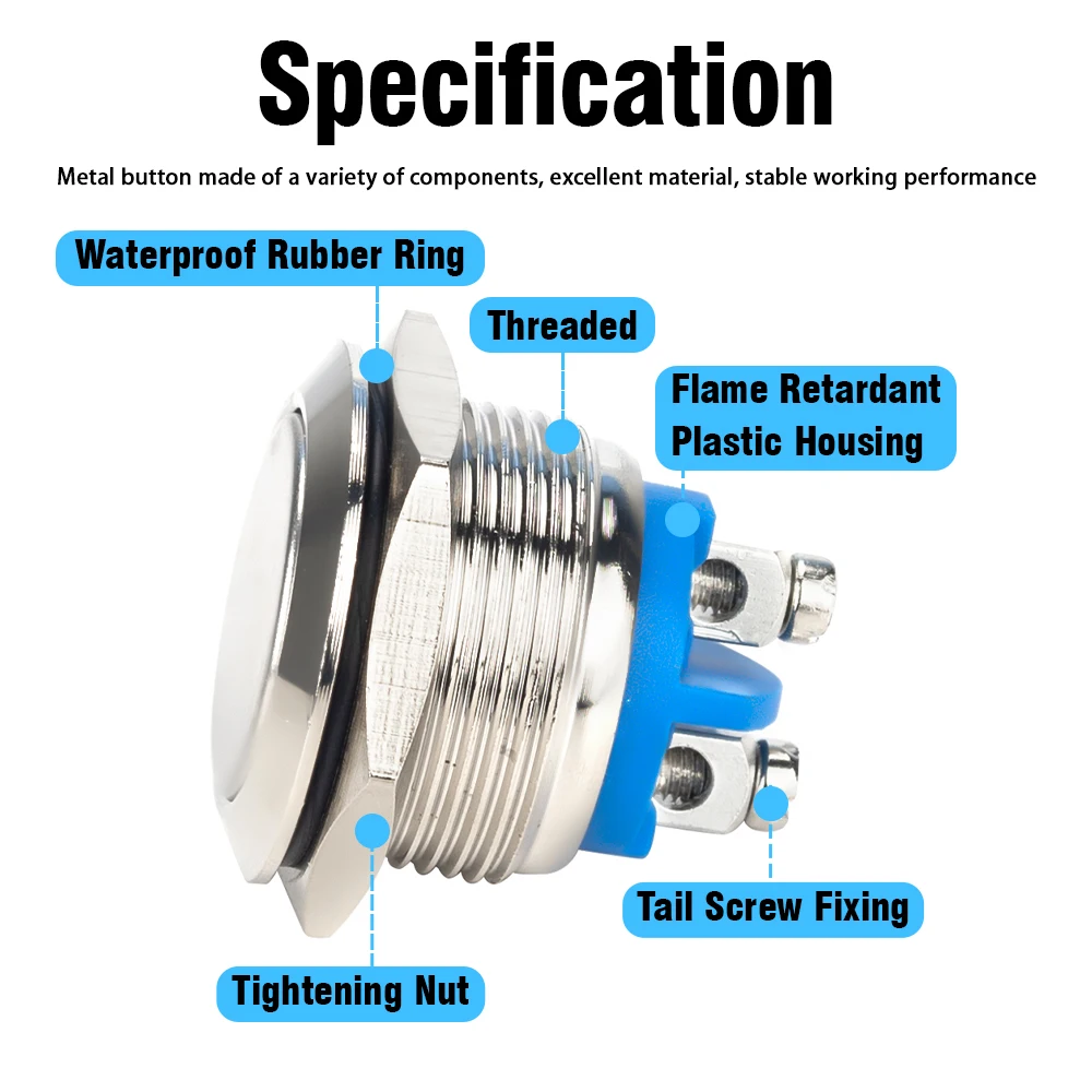 Color: Blue - 16mm 1NO High Flat Head Waterproof Momentary Reset Metal Push Button Switch Screw Terminal Car Engine Doorbell PC Power Switch