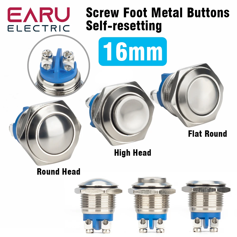 Color: Blue - 16mm 1NO High Flat Head Waterproof Momentary Reset Metal Push Button Switch Screw Terminal Car Engine Doorbell PC Power Switch