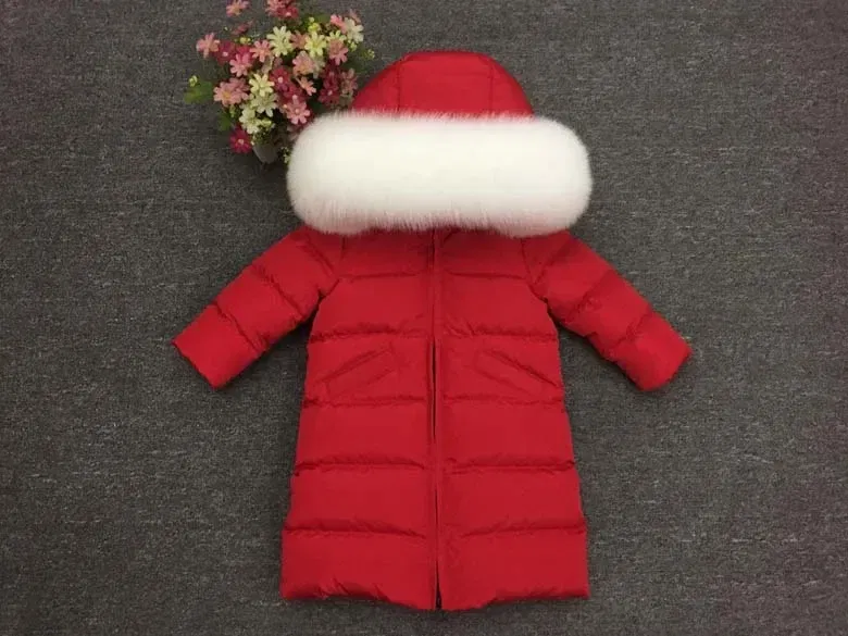 Color: Khaki, Kid Size: 6 - Children Girl boy Winter real fur thickened down jackets 90 down Long Coat jacket overcoat baby kids clothing -30 outwear ws1245