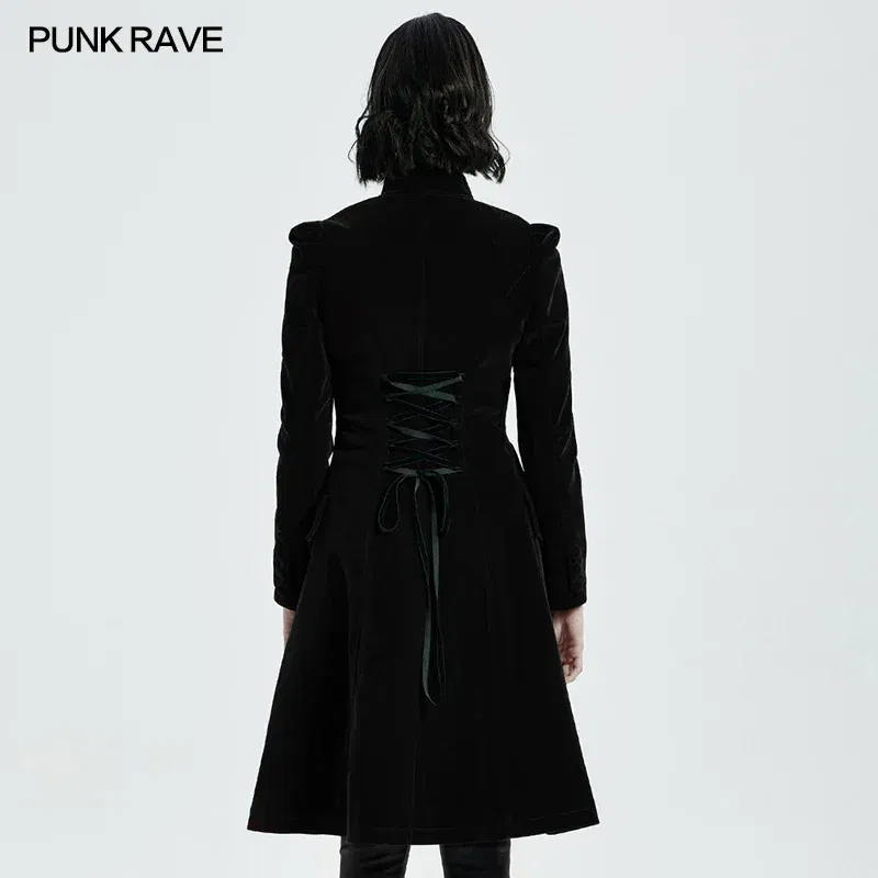 PUNK RAVE Women's Gothic Mid Length Coat Gorgeous Retro High-grade Weft Velveteen Slim Fit Party Evening Dinner Costume Jacat