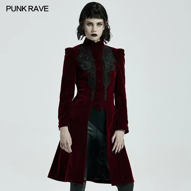 PUNK RAVE Women's Gothic Mid Length Coat Gorgeous Retro High-grade Weft Velveteen Slim Fit Party Evening Dinner Costume Jacat