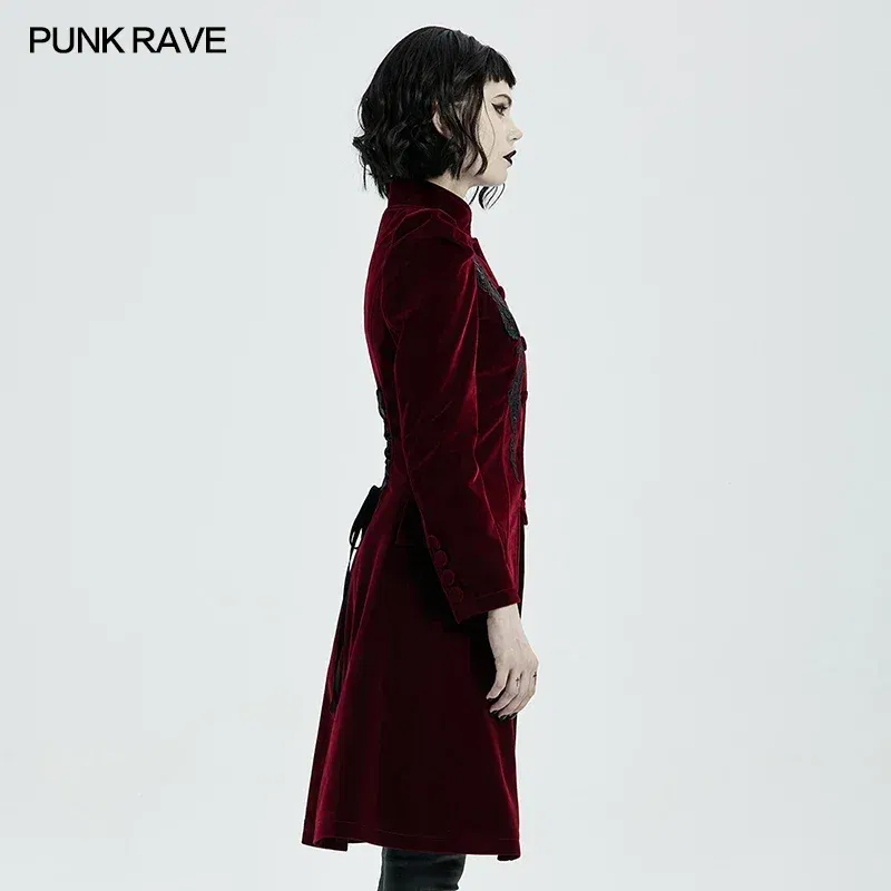 PUNK RAVE Women's Gothic Mid Length Coat Gorgeous Retro High-grade Weft Velveteen Slim Fit Party Evening Dinner Costume Jacat