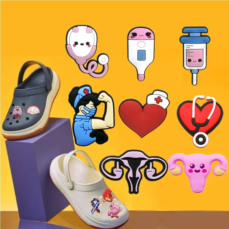 Color: Champagne - 1pcs Medical Clog Accessories Stethoscope Syringe Gibit Shoe Charm Clog Pins Teeth Uterus Nurse Clips Jeans Girl Women Gift