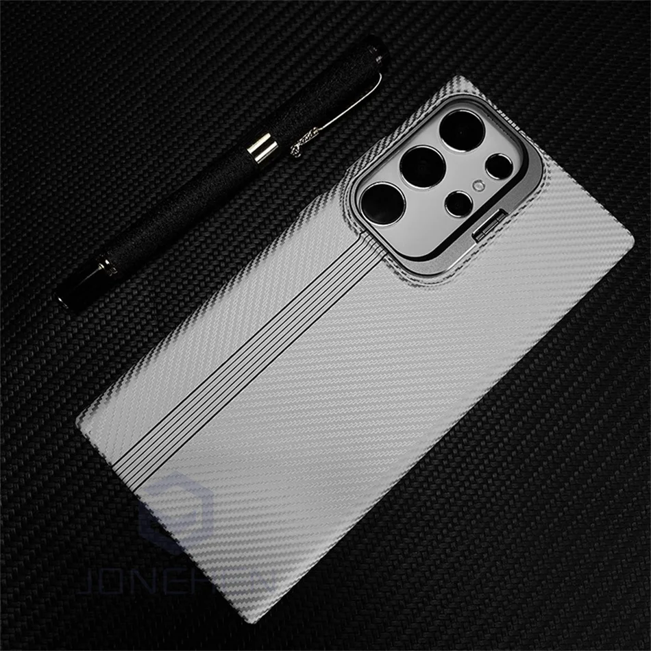 Color: black, Material: Nylon - Magnetic Pixel Carbon Fibre Pattern Slim Case For Samsung Galaxy S24 Plus S23 Ultra Luxury Shockproof Hard Cover Stand Metal Len